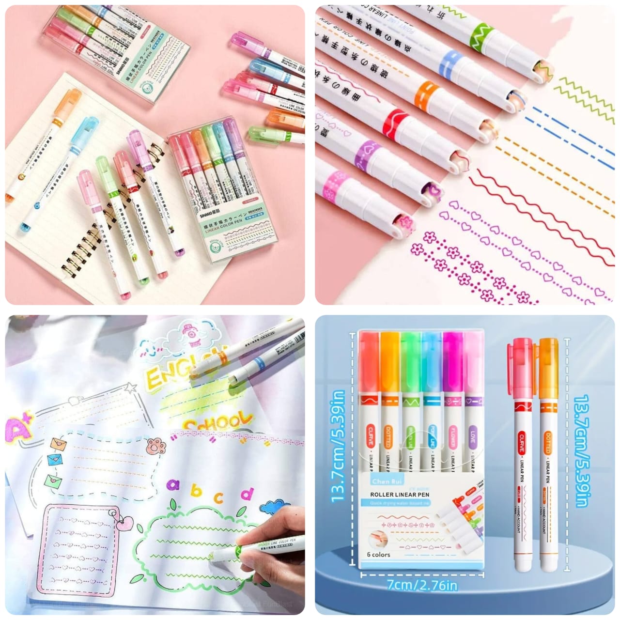 Linear Roller Design Color Pen (Pack of 6)
