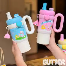High Value Stainless Steel Straw Thermos Cup Cute Cartoon Doll Large Capacity Portable and Practical Water Cup with Handle