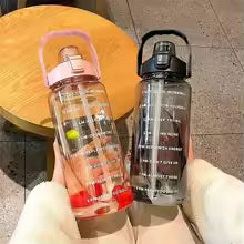 2000ML Large Capacity Straw Portable Sports Straw Water Bottle With Time Marker ,Water Jug With Handle For Outdoor Sport Camping
