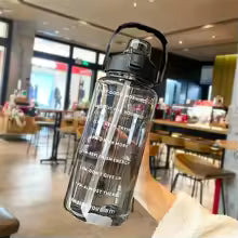 2000ML Large Capacity Straw Portable Sports Straw Water Bottle With Time Marker ,Water Jug With Handle For Outdoor Sport Camping