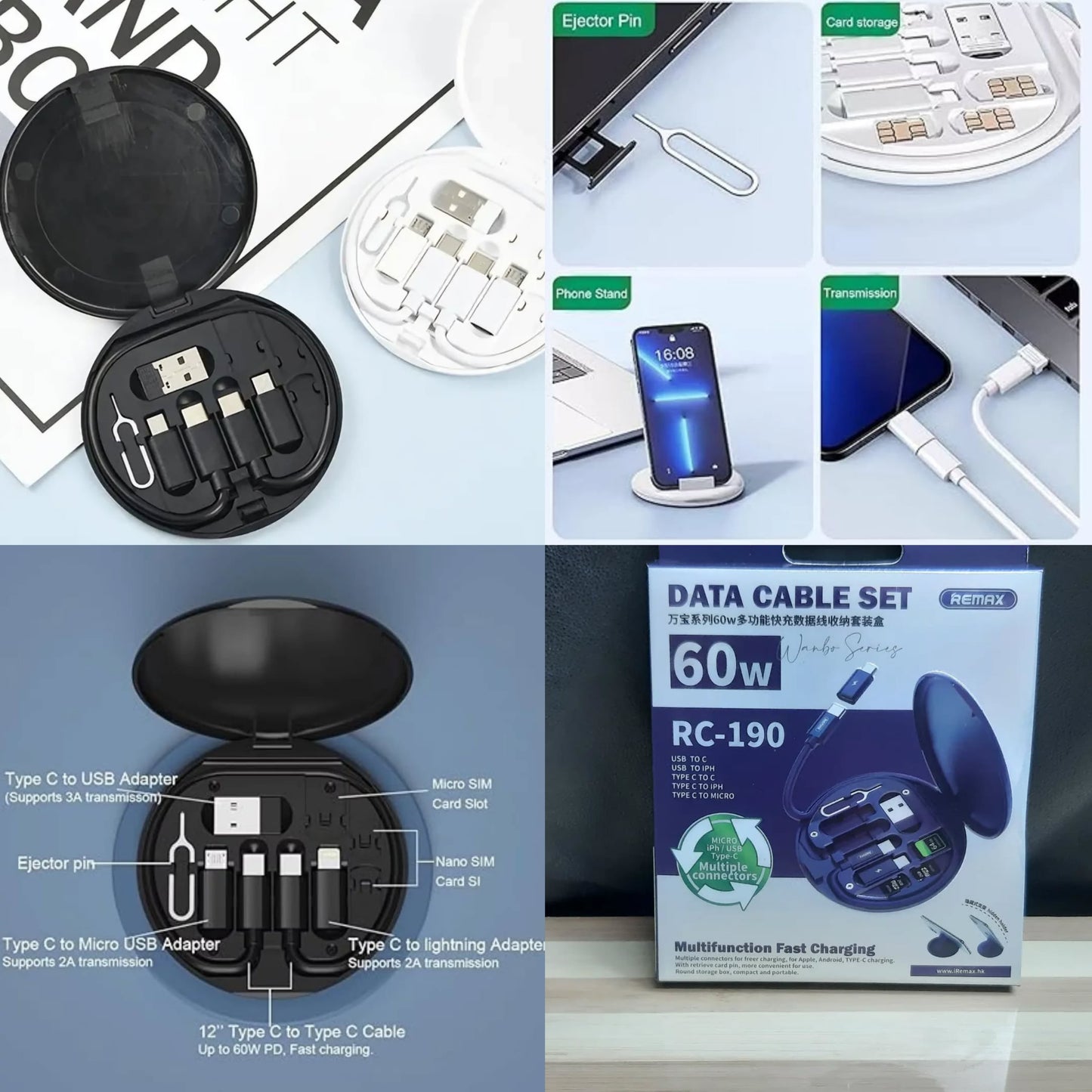 5 in 1 Portable Multifunctional 60W Charging Data Cable Set and Mobile Phone Holder Storage Box