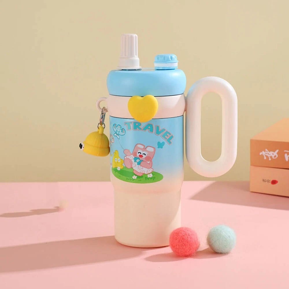High Value Stainless Steel Straw Thermos Cup Cute Cartoon Doll Large Capacity Portable and Practical Water Cup with Handle