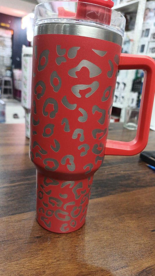40oz Stainless Steel Leopard Print Cup with Straw Portable Car Cup Large Capacity Water Cup