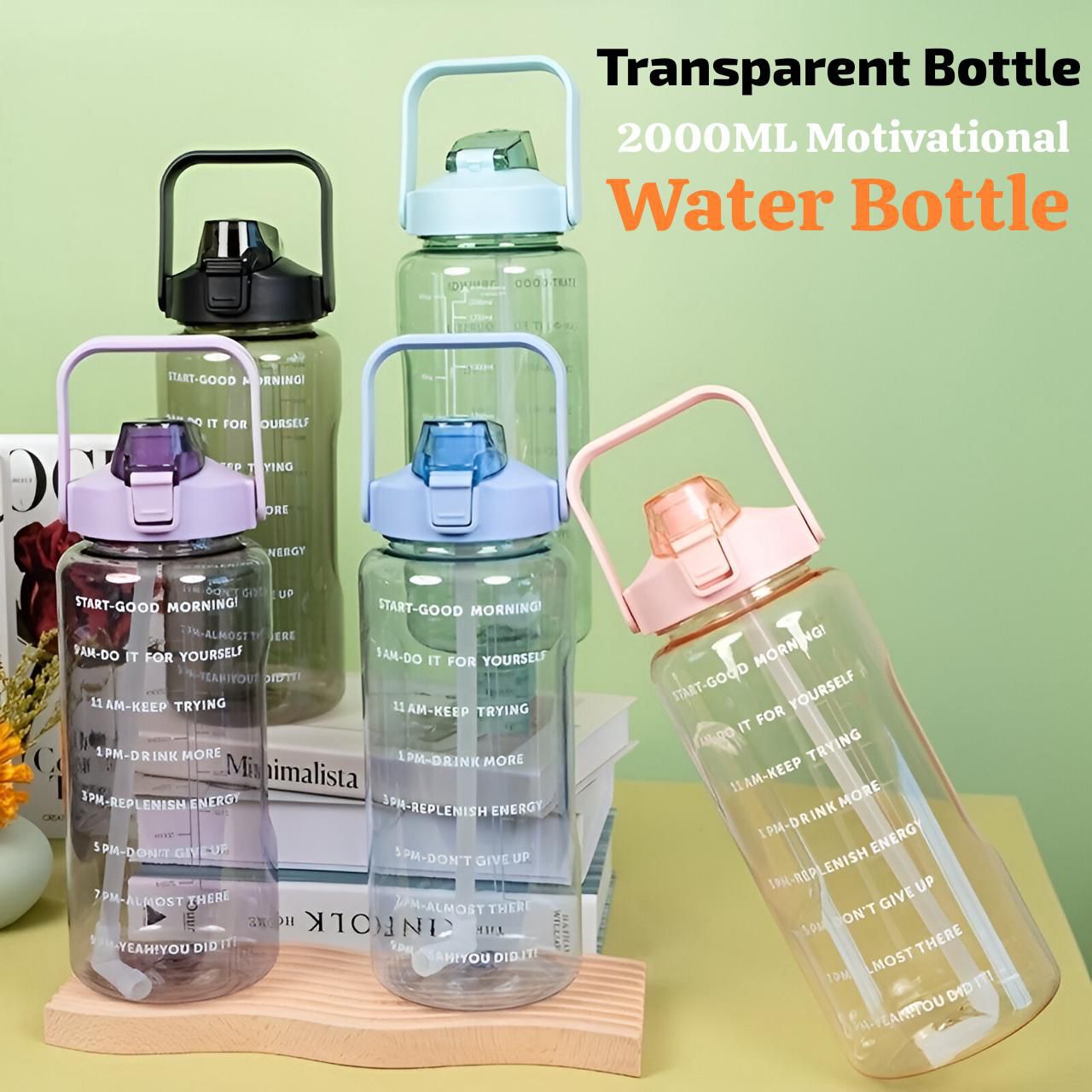 2000ML Large Capacity Straw Portable Sports Straw Water Bottle With Time Marker ,Water Jug With Handle For Outdoor Sport Camping
