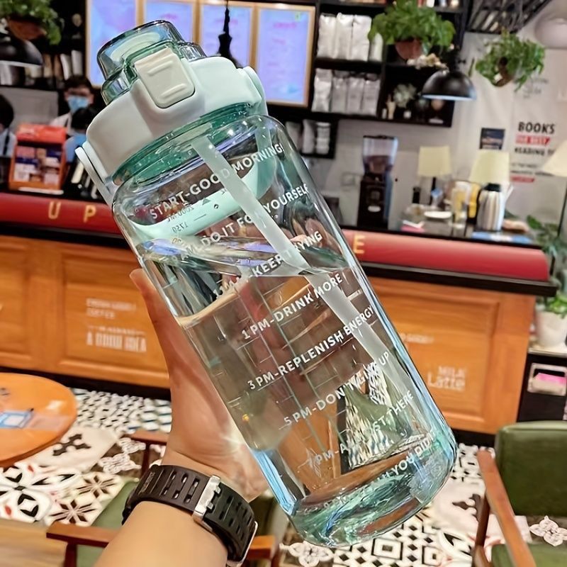 2000ML Large Capacity Straw Portable Sports Straw Water Bottle With Time Marker ,Water Jug With Handle For Outdoor Sport Camping