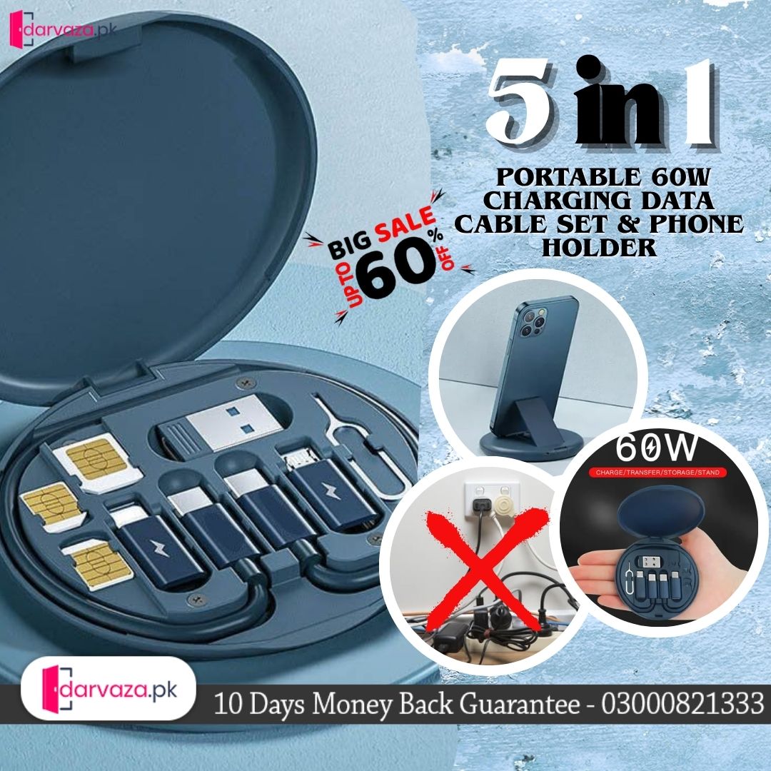 5 in 1 Portable Multifunctional 60W Charging Data Cable Set and Mobile Phone Holder Storage Box