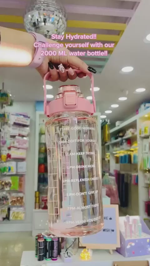 2000ML Large Capacity Straw Portable Sports Straw Water Bottle With Time Marker ,Water Jug With Handle For Outdoor Sport Camping